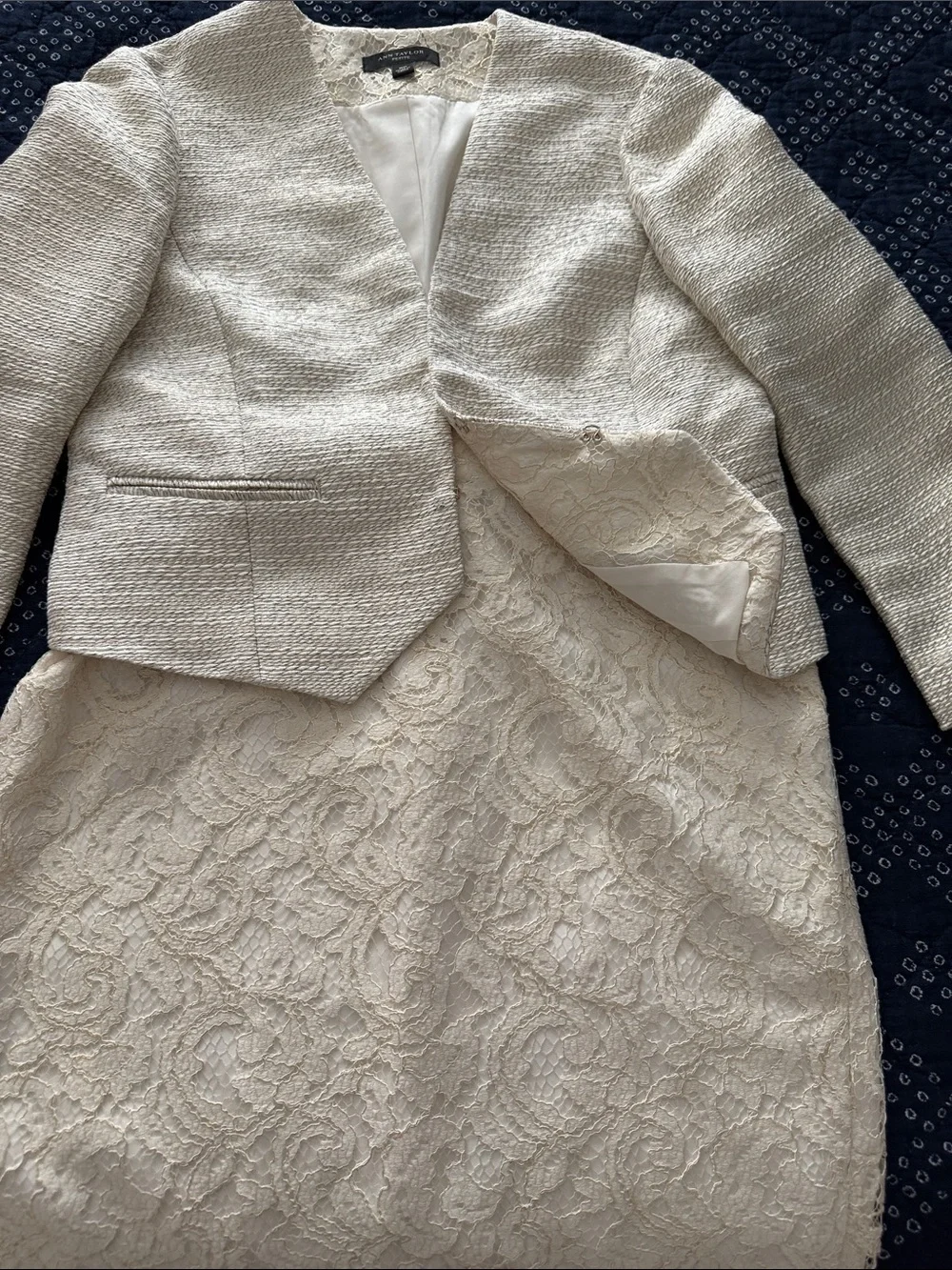 Ann Taylor Suit, cream with gold highlights. Jacket 8P, matching lace skirt, 4.
